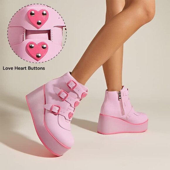 🆕 Fuchsia Chunky Platform Ankle Boots Women PU Goth Wedge Heel Rave Booties Zip - Picture 6 of 8